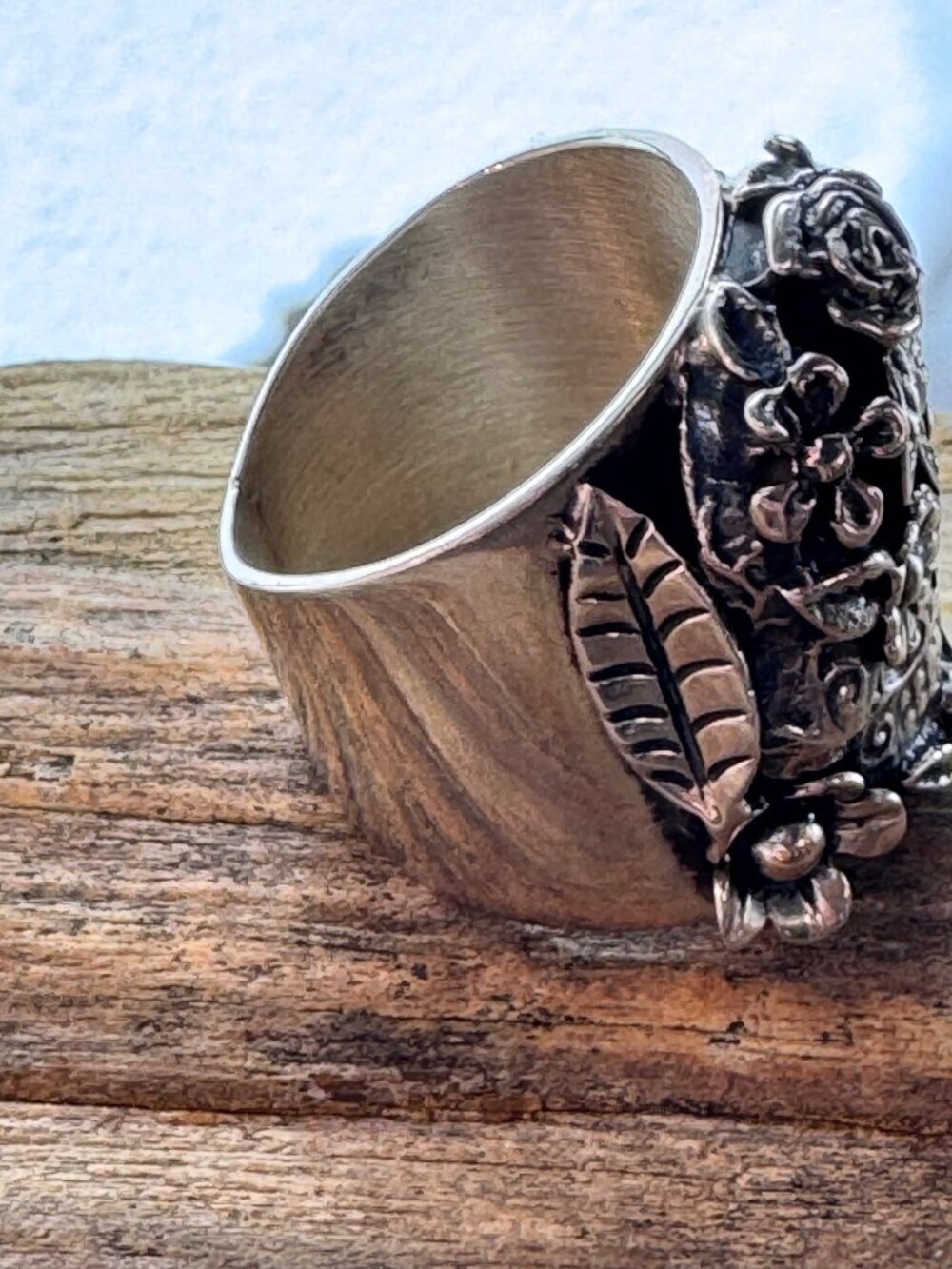Sterling Silver 925 Sugar Skull Floral Wide Band Ring Size 9.5 JJ 19.83g - Picture 4 of 14
